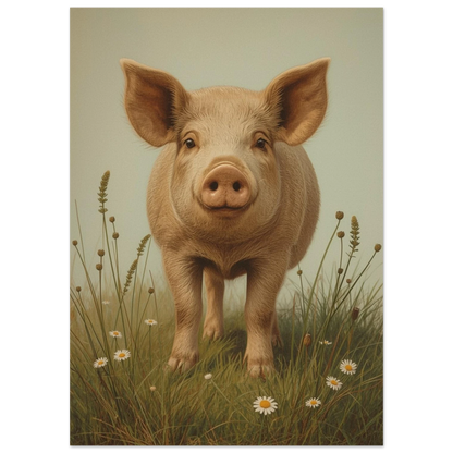 Detaljbild på en gris i fält med grönt gräs och vita blommor – Målad poster