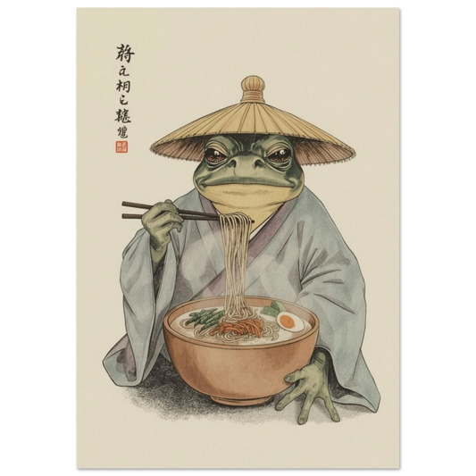 Groda i rishatt som äter nudlar med pinnar – Retro poster