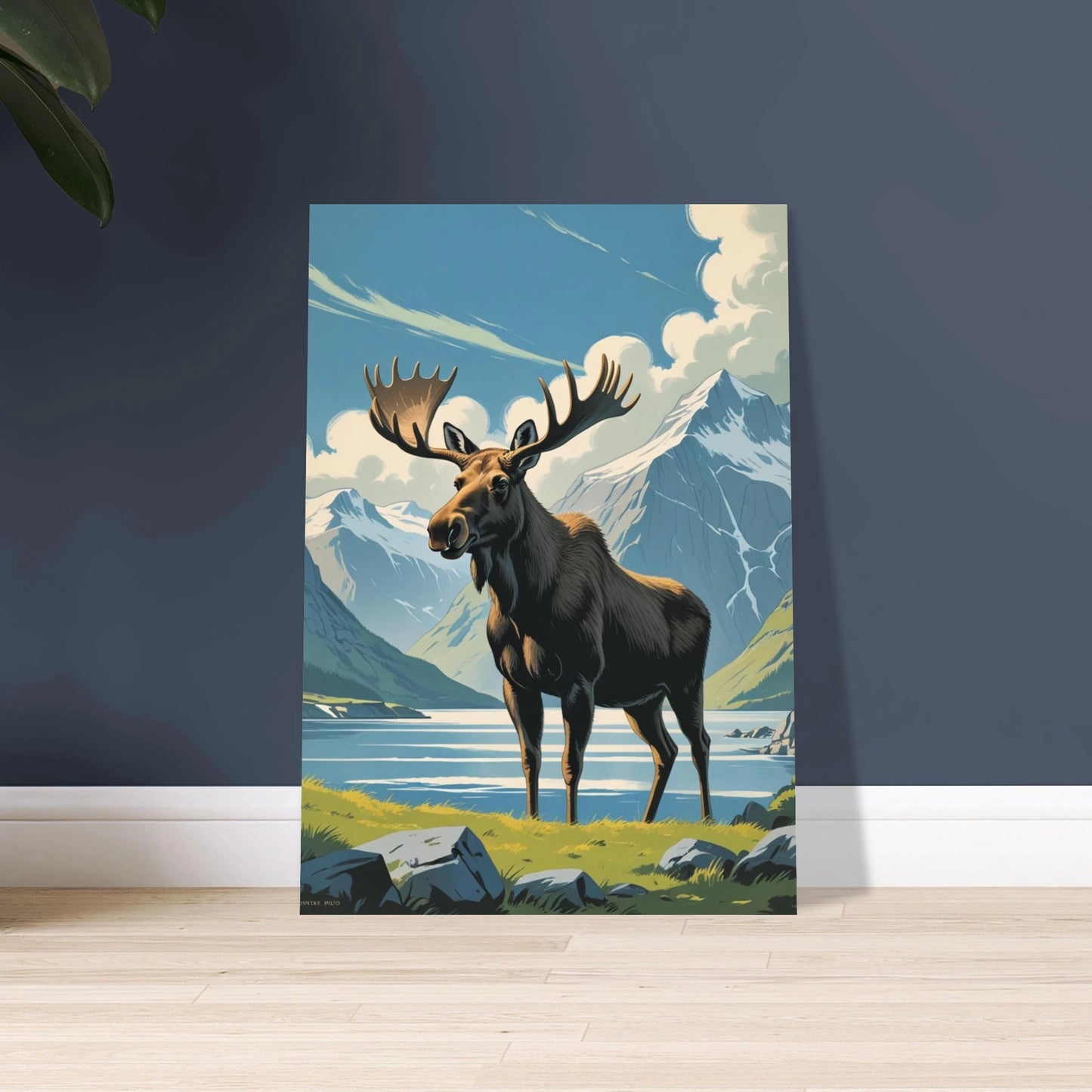 Majestätisk älg i nordiskt fjällandskap, vintage skandinavisk stil.