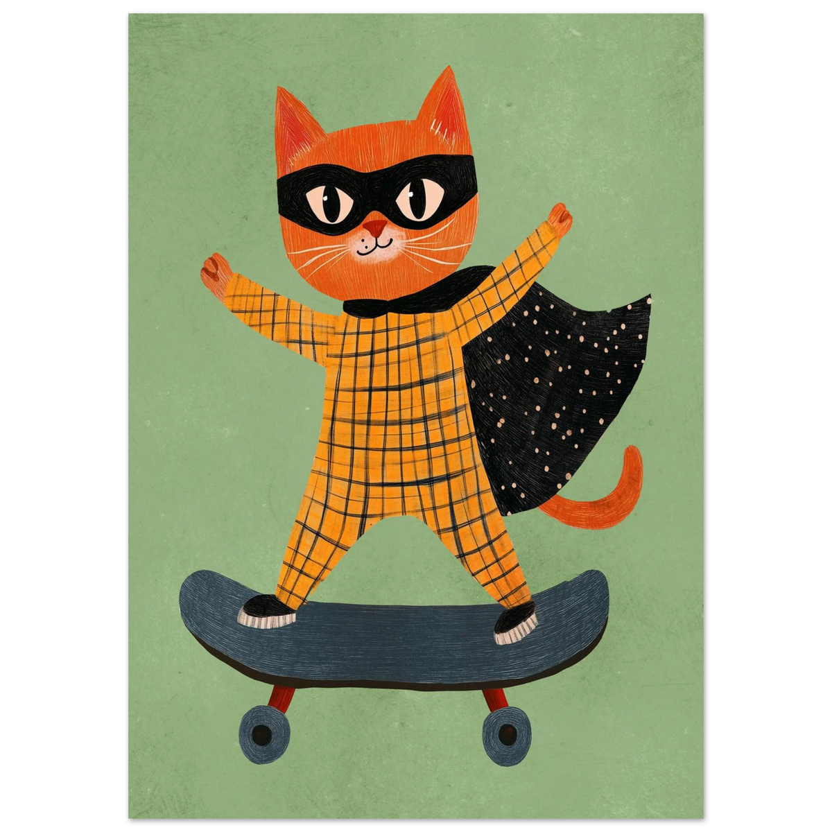 Kaxig katt i superhjältemask och gulrutig pyjamas på skateboard – djurmotiv