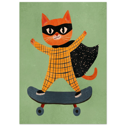 Kaxig katt i superhjältemask och gulrutig pyjamas på skateboard – djurmotiv
