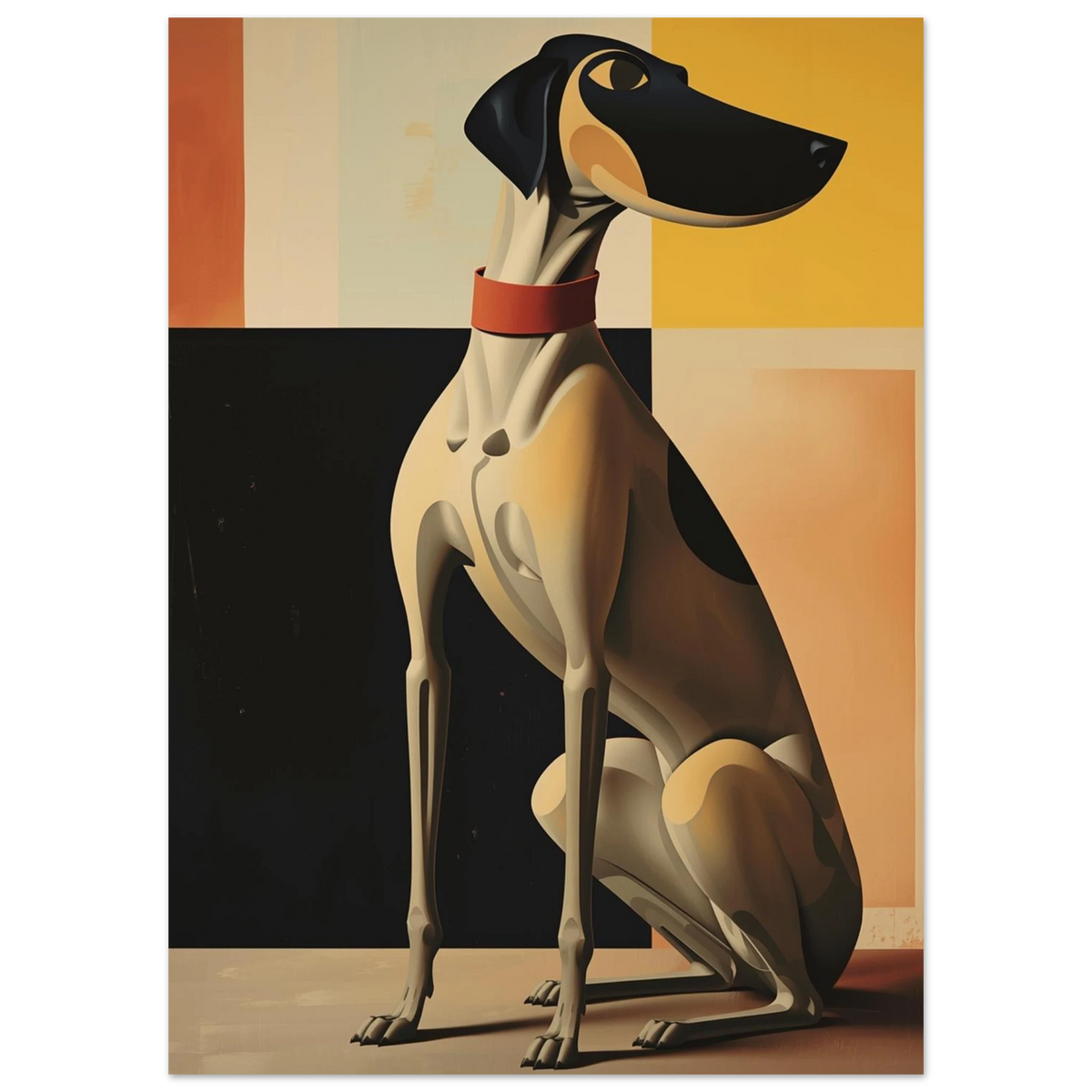 Grafisk illustration av en elegant hund med geometriska former och svarta detaljer