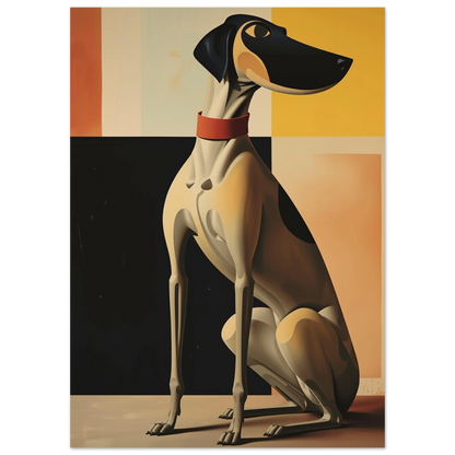 Grafisk illustration av en elegant hund med geometriska former och svarta detaljer