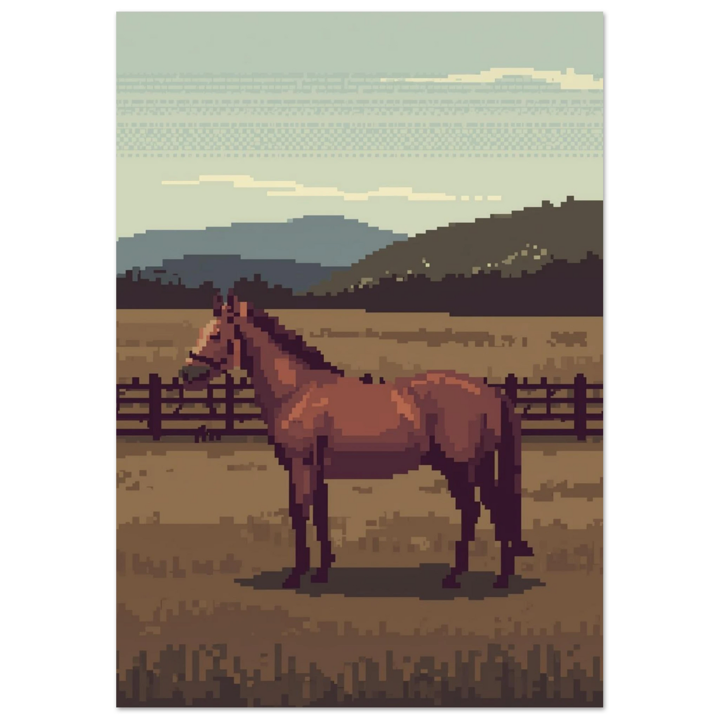 Brun häst i hage med bergstoppar – pixelart poster i naturfärger