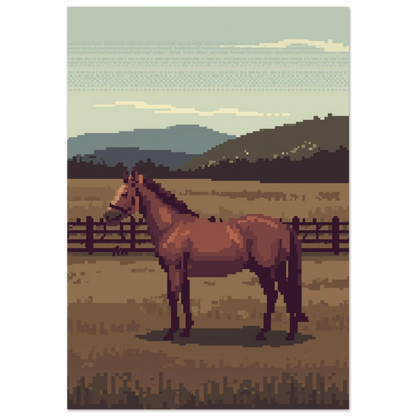 Brun häst i hage med bergstoppar – pixelart poster i naturfärger