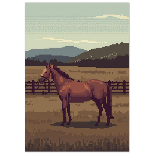 Brun häst i hage med bergstoppar – pixelart poster i naturfärger