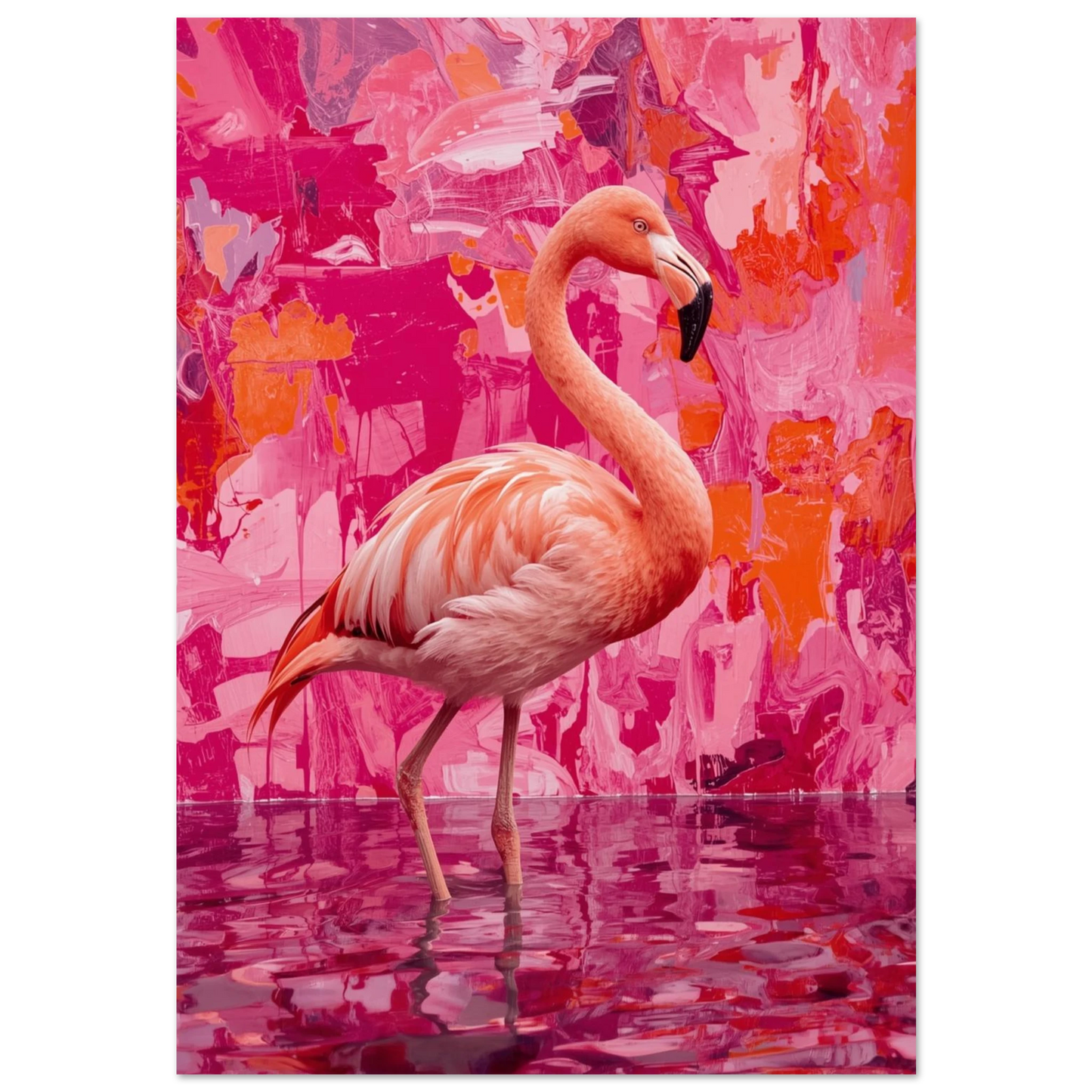 Rosa flamingo i ett abstrakt vattenlandskap med mörkrosa penseldrag