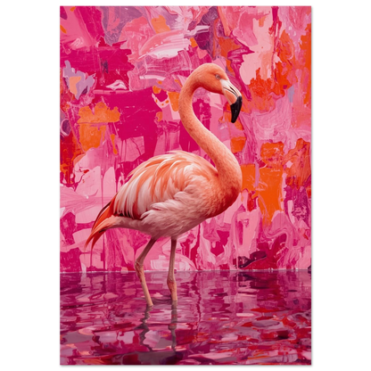 Rosa flamingo i ett abstrakt vattenlandskap med mörkrosa penseldrag