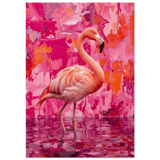 Rosa flamingo i ett abstrakt vattenlandskap med mörkrosa penseldrag