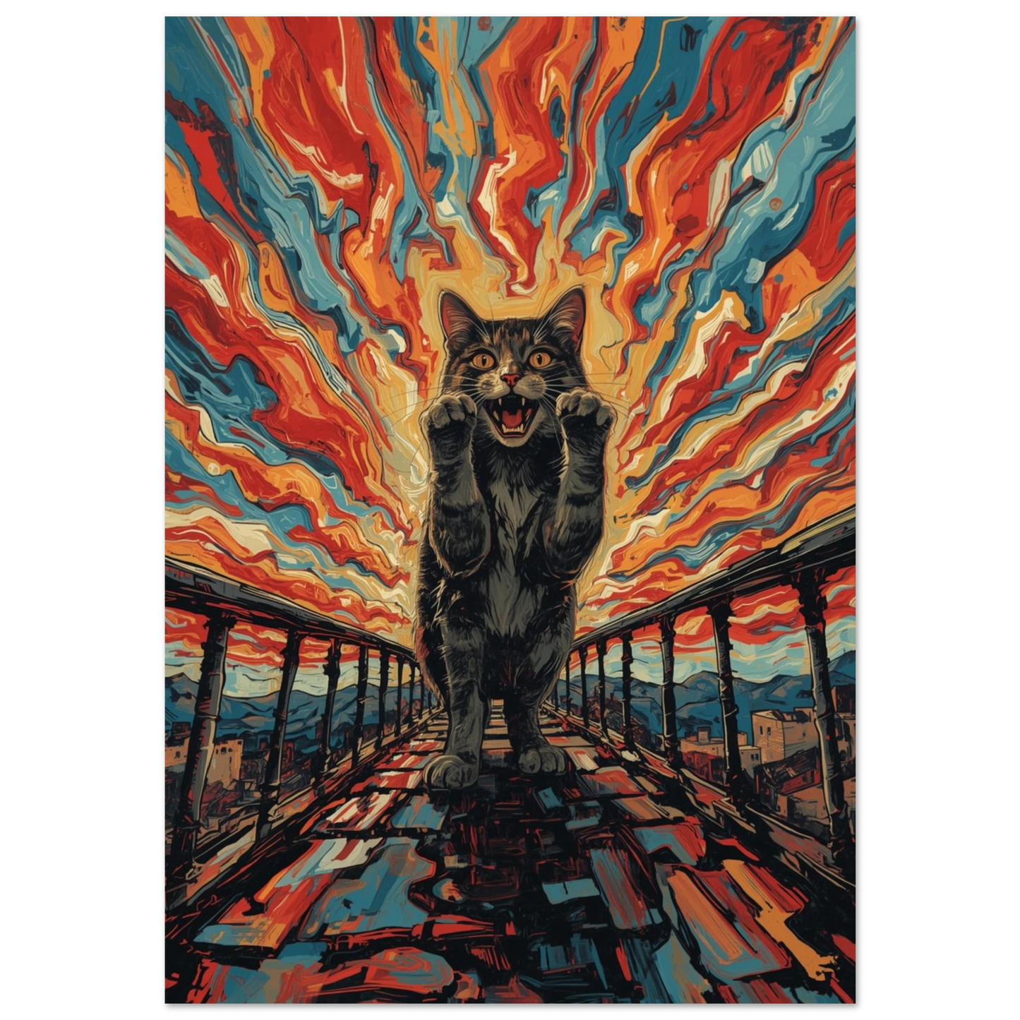 Expressionistisk poster av en gapande katt på en bro med eldig himmel