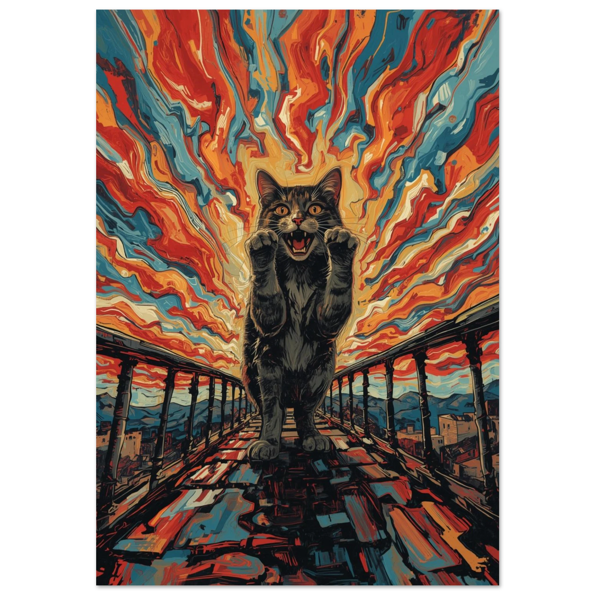 Expressionistisk poster av en gapande katt på en bro med eldig himmel
