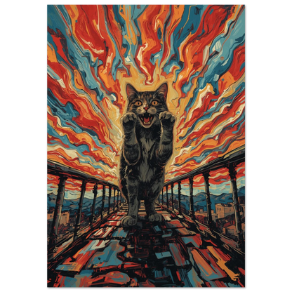 Expressionistisk poster av en gapande katt på en bro med eldig himmel