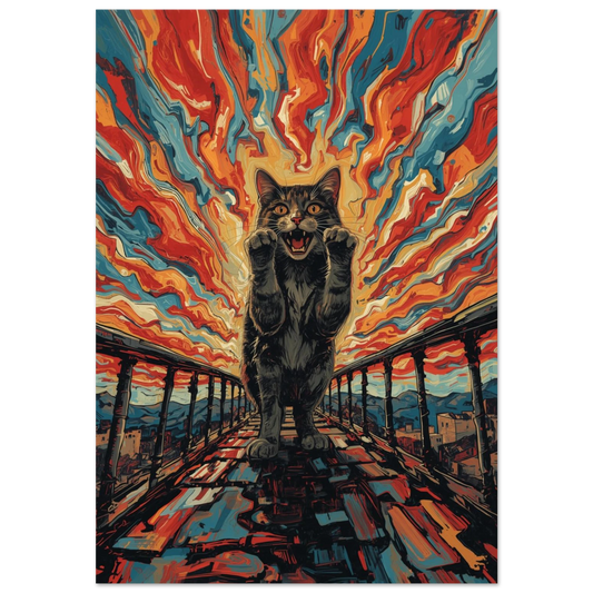 Expressionistisk poster av en gapande katt på en bro med eldig himmel