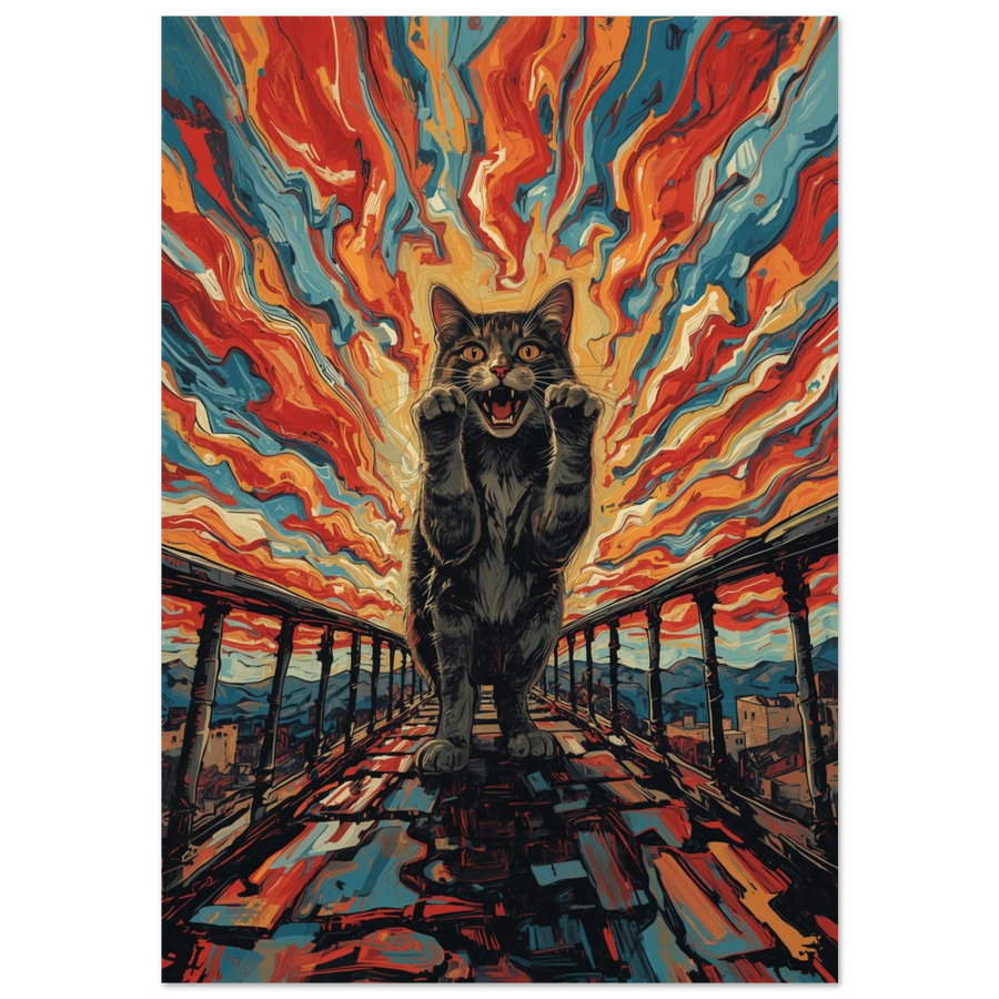 Expressionistisk poster av en gapande katt på en bro med eldig himmel