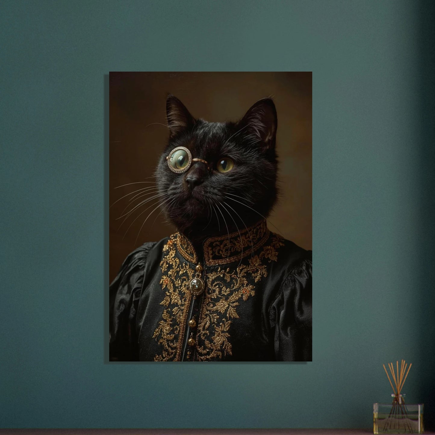 Svart katt med monokel i elegant guldskimrande klädsel, mystisk atmosfär