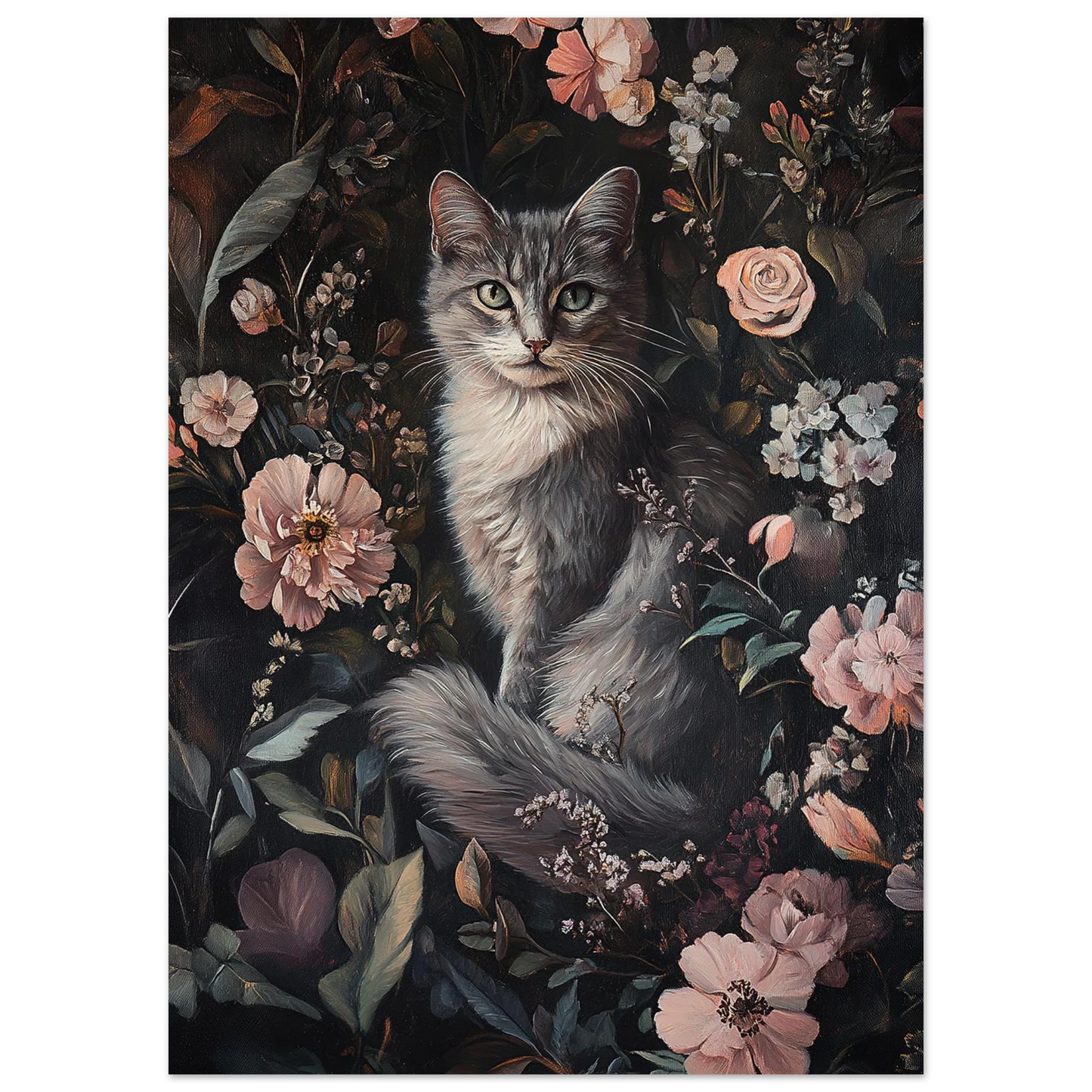Närbild på kattens blick i en blomstrande och mystisk trädgård