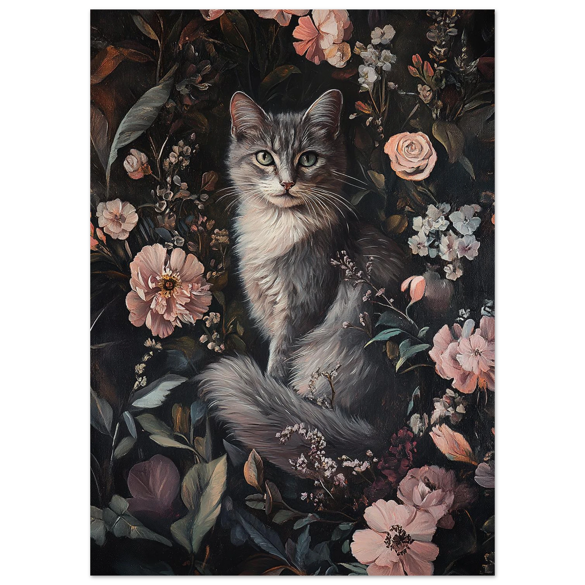 Närbild på kattens blick i en blomstrande och mystisk trädgård