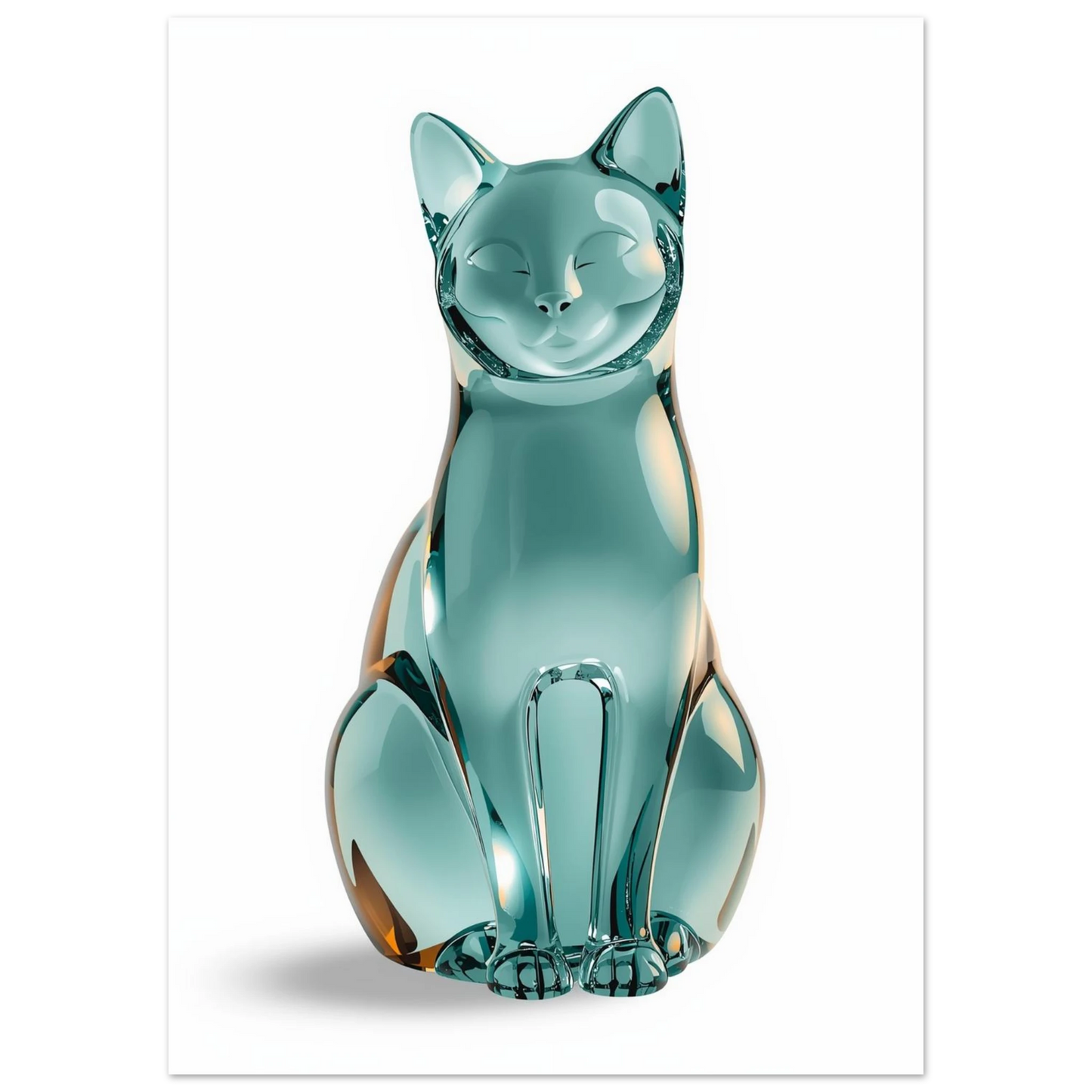 Genomskinlig kattfigur i akvamarinblått glas med vackra ljusreflektioner, djurmotiv