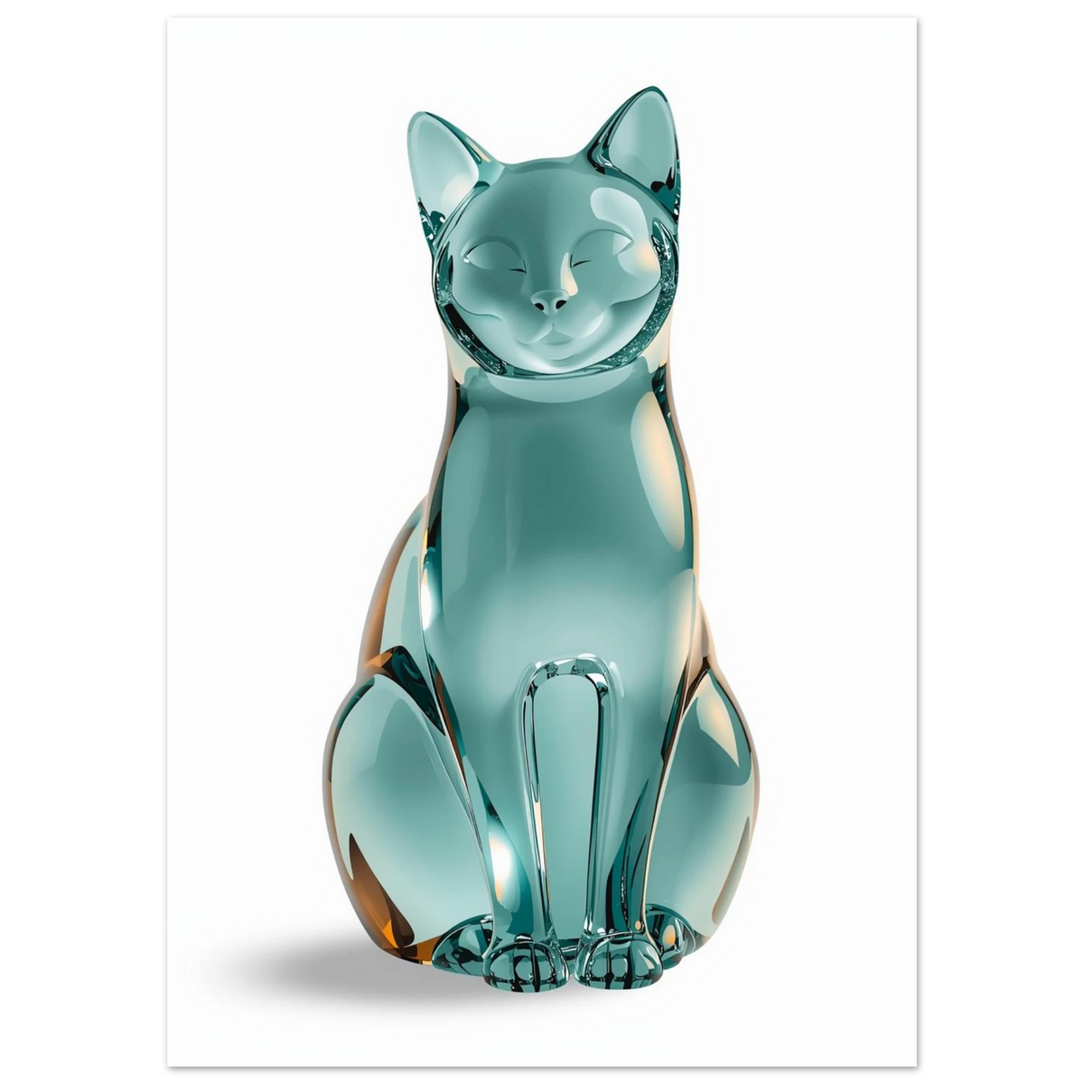 Genomskinlig kattfigur i akvamarinblått glas med vackra ljusreflektioner, djurmotiv