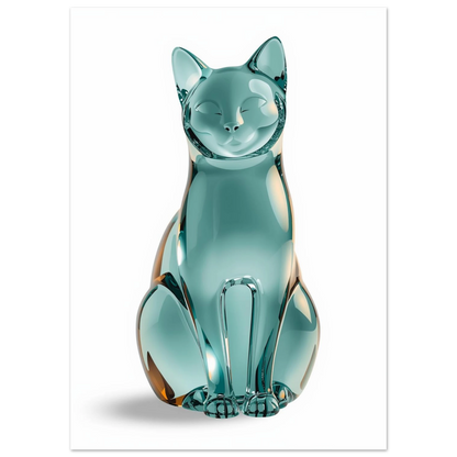 Genomskinlig kattfigur i akvamarinblått glas med vackra ljusreflektioner, djurmotiv