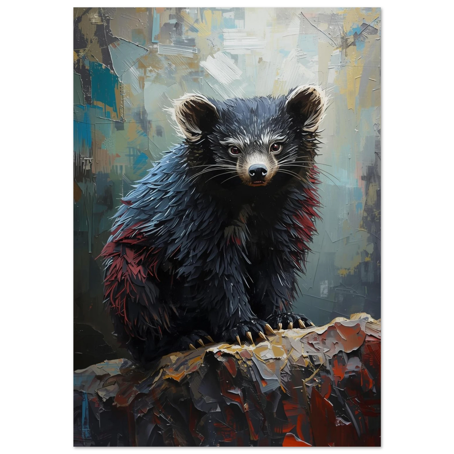 Binturong i impastostil med mörk päls och röda detaljer, djurmotiv