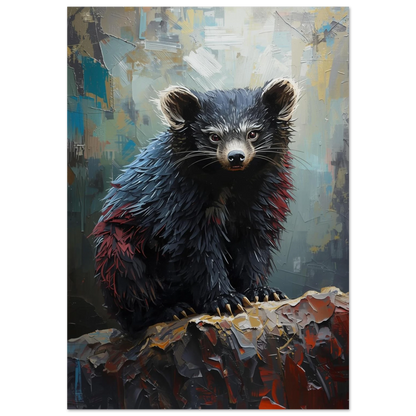 Binturong i impastostil med mörk päls och röda detaljer, djurmotiv