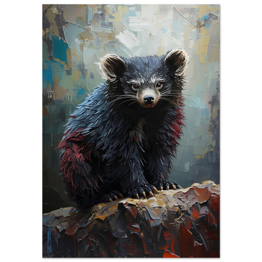 Binturong i impastostil med mörk päls och röda detaljer, djurmotiv