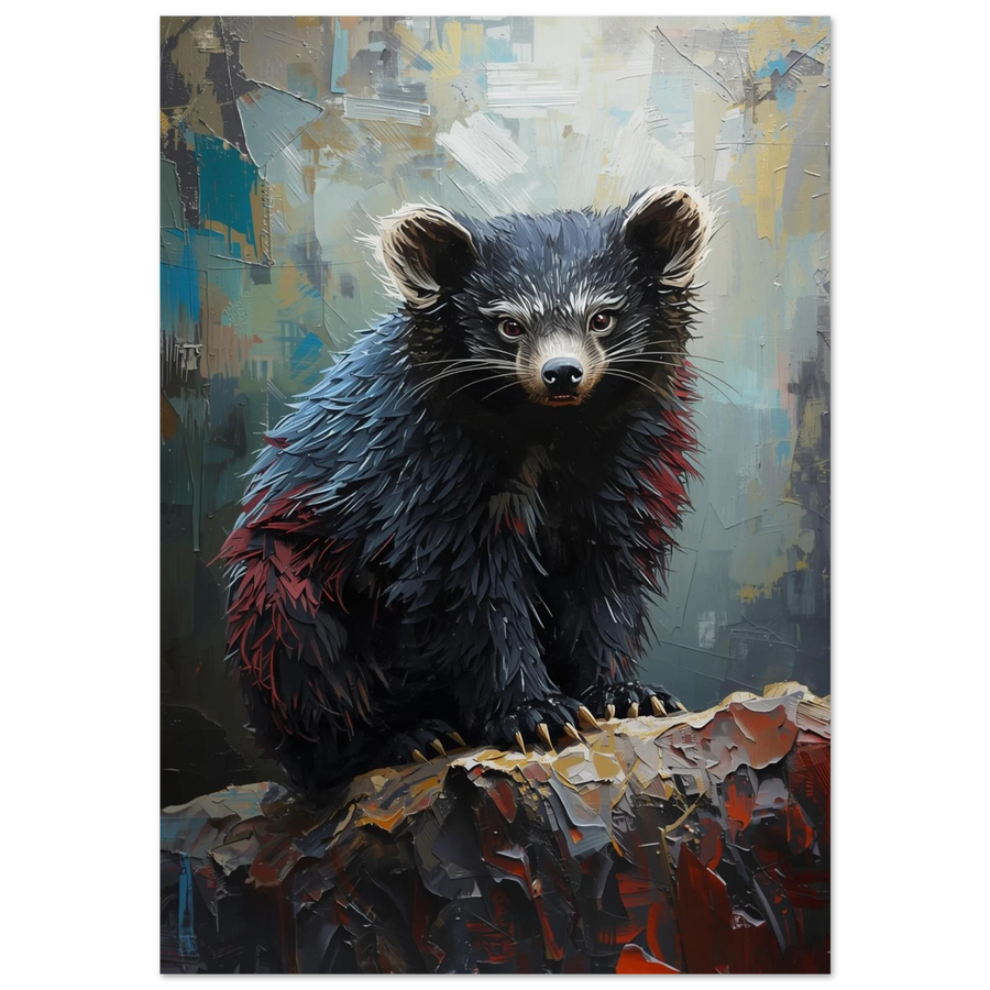 Binturong i impastostil med mörk päls och röda detaljer, djurmotiv