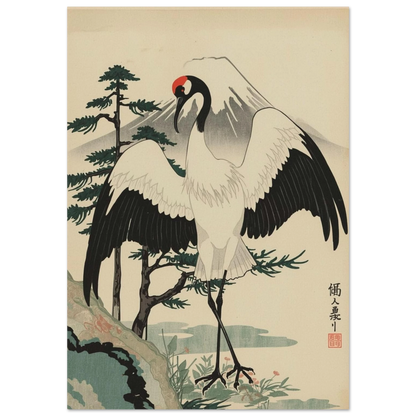 Japansk trana med utbredda vingar framför Fuji – ukiyo-e djurposter