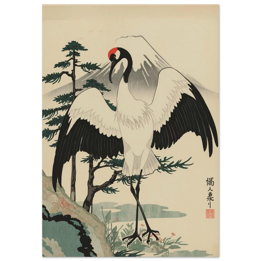 Japansk trana med utbredda vingar framför Fuji – ukiyo-e djurposter