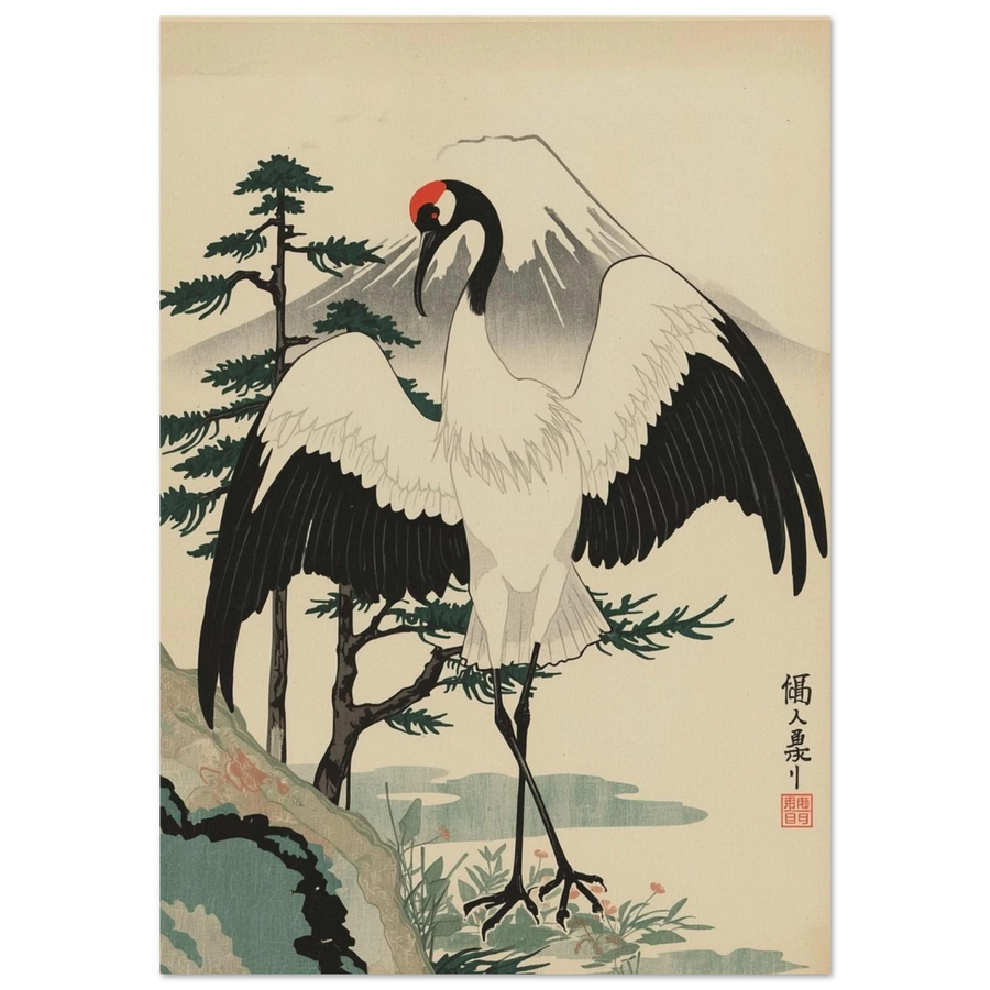 Japansk trana med utbredda vingar framför Fuji – ukiyo-e djurposter
