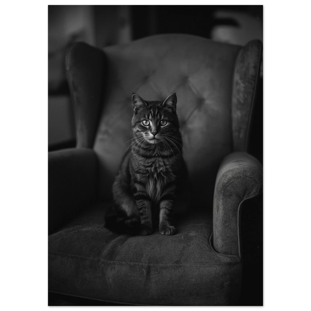 Konstnärligt svartvitt fotoprint med en sittande katt i en öronlappsfåtölj