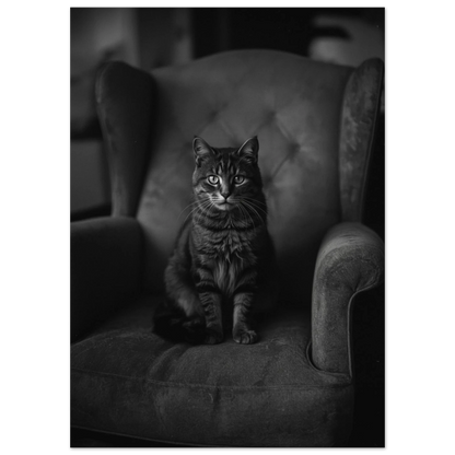 Konstnärligt svartvitt fotoprint med en sittande katt i en öronlappsfåtölj