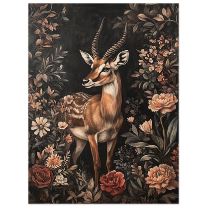 Brun antilop i konstnärlig stil med jordnära blommor och mörk bakgrund