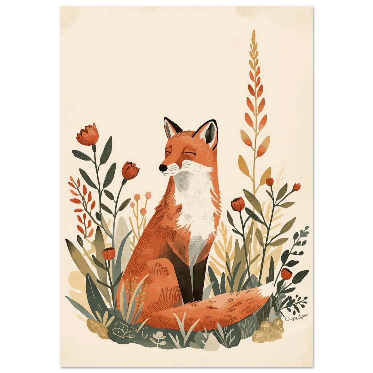 Sittande räv med slutna ögon i en blomsteräng, varm illustration