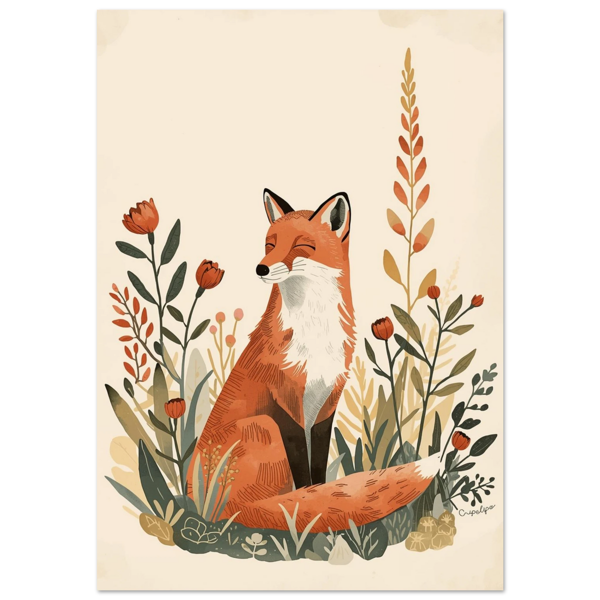 Sittande räv med slutna ögon i en blomsteräng, varm illustration