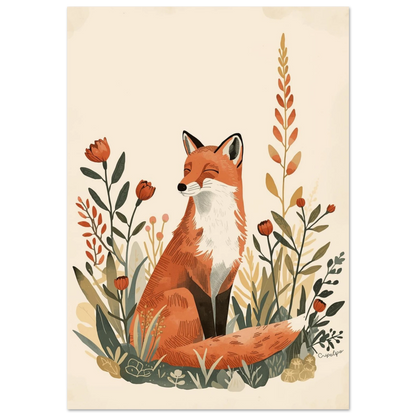 Sittande räv med slutna ögon i en blomsteräng, varm illustration