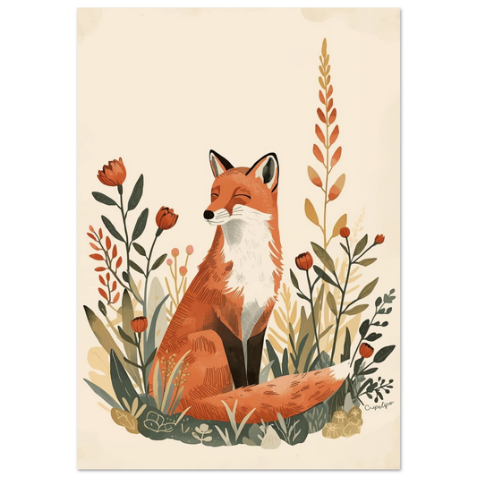 Sittande räv med slutna ögon i en blomsteräng, varm illustration