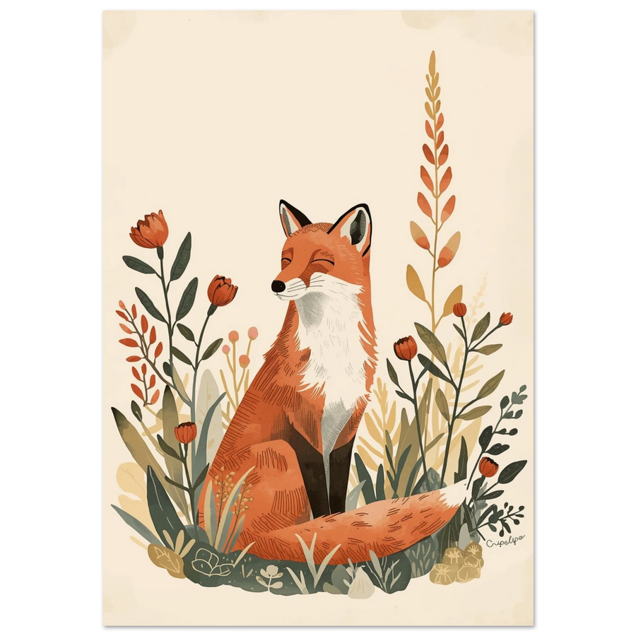 Sittande räv med slutna ögon i en blomsteräng, varm illustration