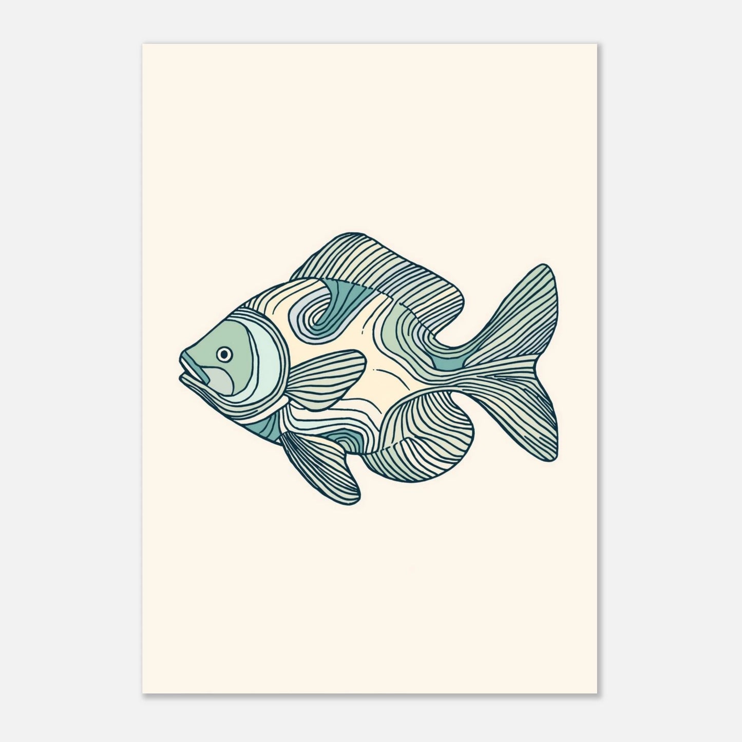 Minimalistisk djurposter föreställande en fisk i flytande grafisk stil