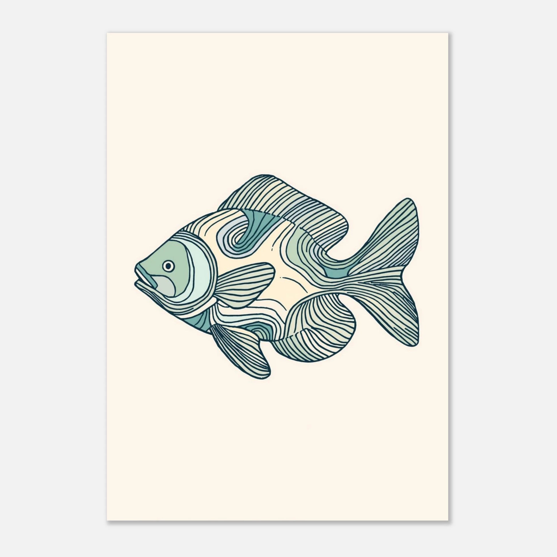 Minimalistisk djurposter föreställande en fisk i flytande grafisk stil