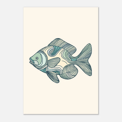 Minimalistisk djurposter föreställande en fisk i flytande grafisk stil