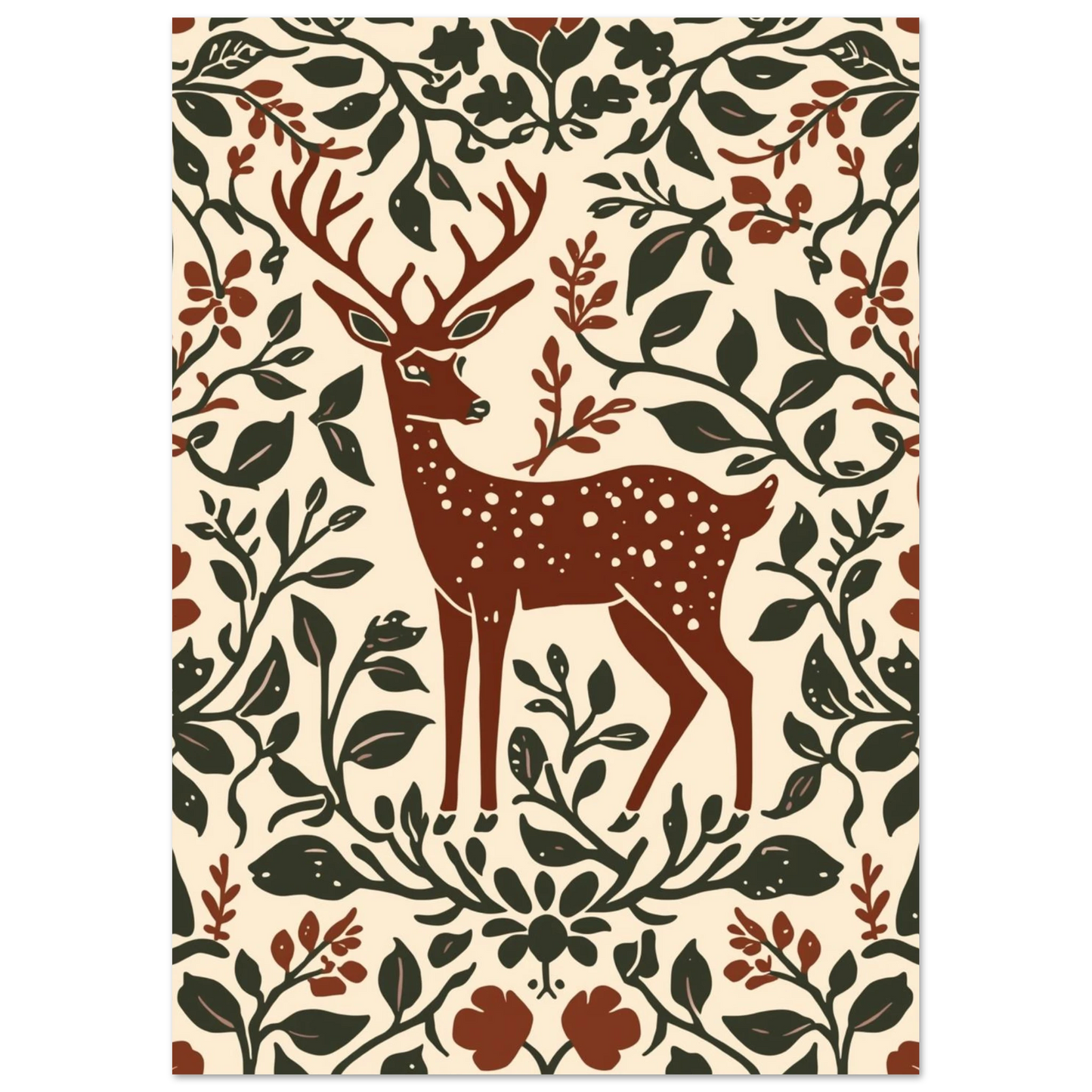 Symmetrisk naturillustration av en hjort i jordnära bruna och gröna nyanser