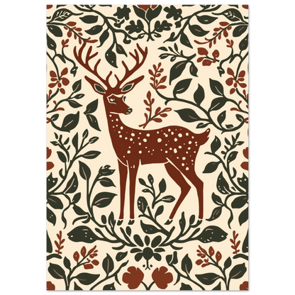 Symmetrisk naturillustration av en hjort i jordnära bruna och gröna nyanser