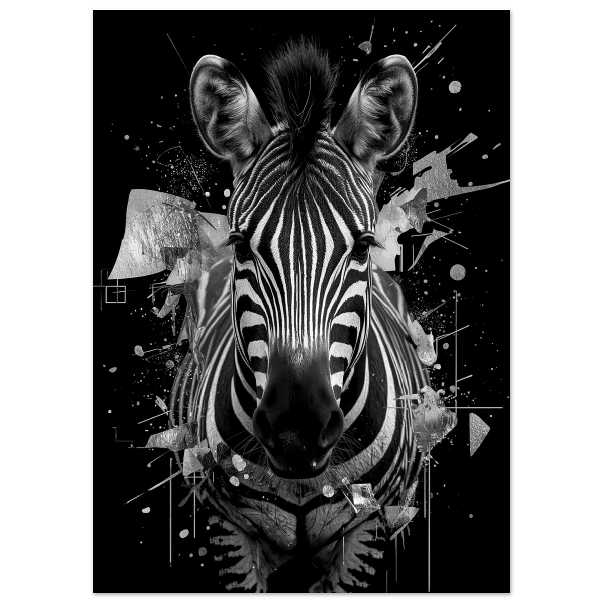 Närbild av zebra framifrån i modern svartvit illustration