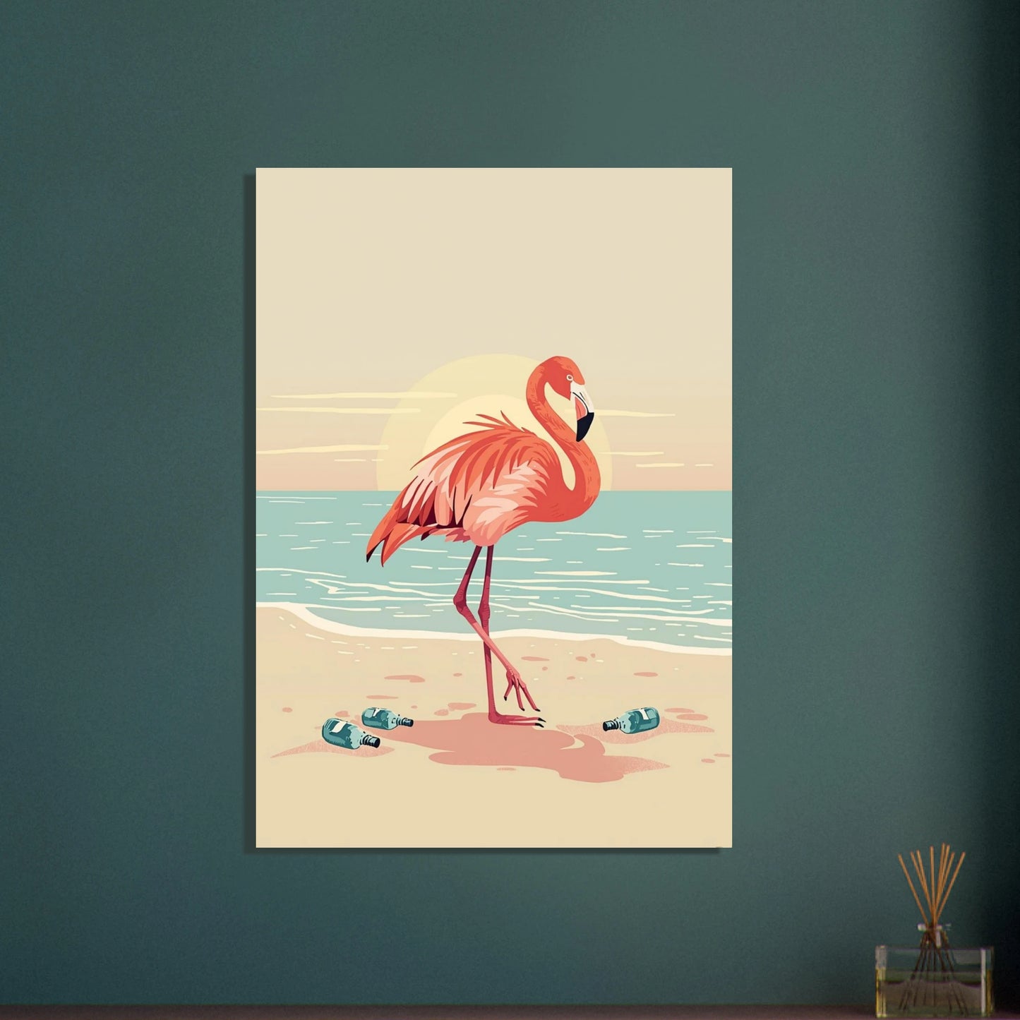 Flamingo vid strandkanten i stiliserad solnedgång, lugn känsla
