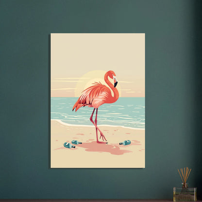 Flamingo vid strandkanten i stiliserad solnedgång, lugn känsla