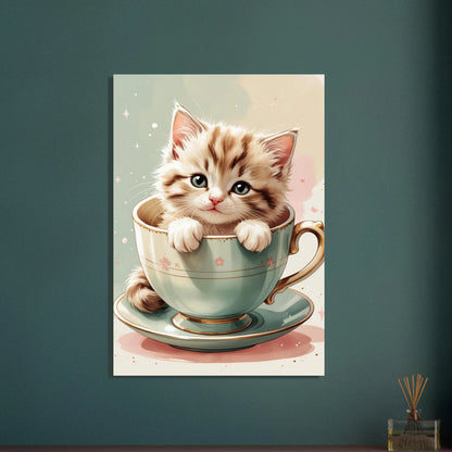 Söt kattunge med stora ögon i en elegant tekopp.