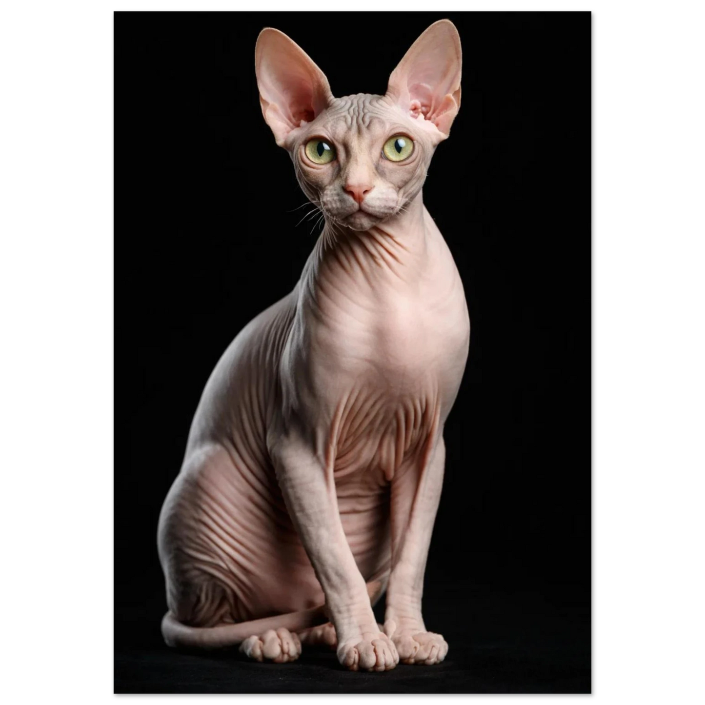 Sphynxkatt poserar sittande framifrån på svart bakgrund – Fotorealistisk poster