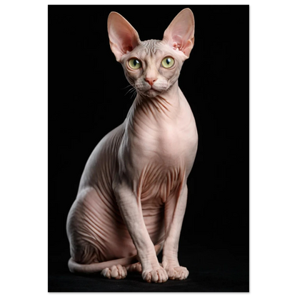 Sphynxkatt poserar sittande framifrån på svart bakgrund – Fotorealistisk poster